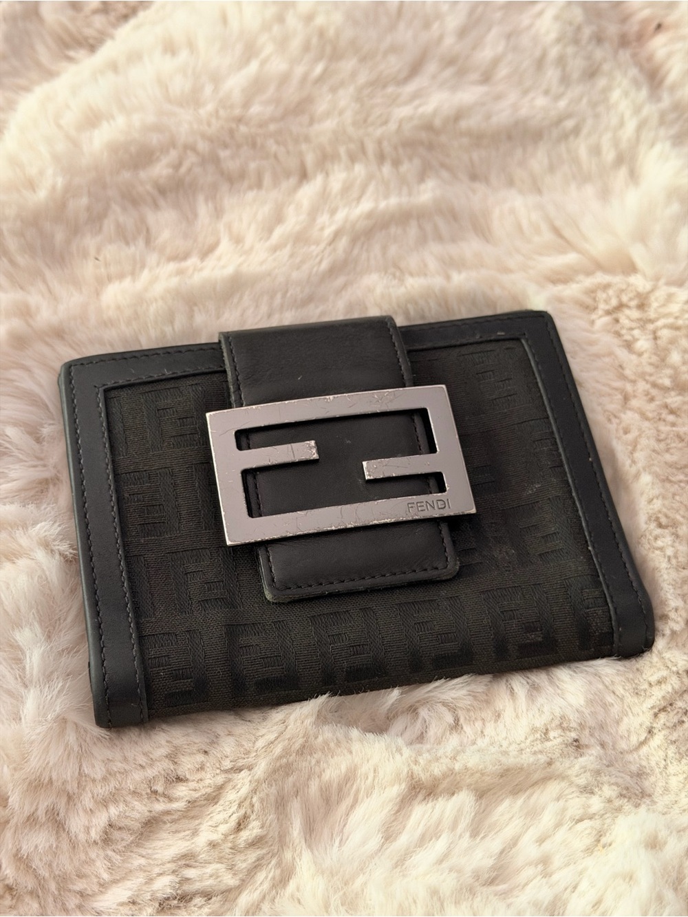 Fendi Zucca Monogram Black Bifold Logo Buckle Wallet